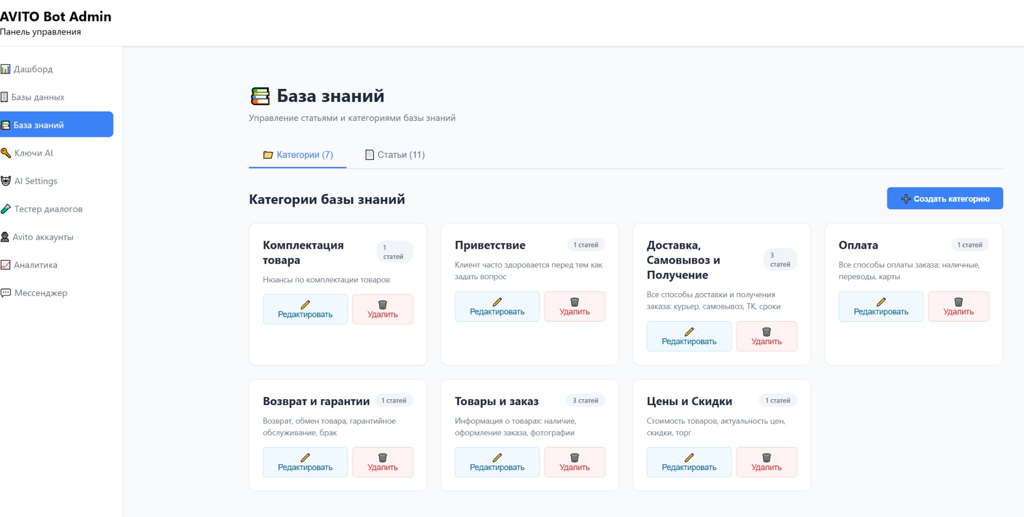 Админка: список категорий базы знаний с количеством статей и кнопками редактирования.